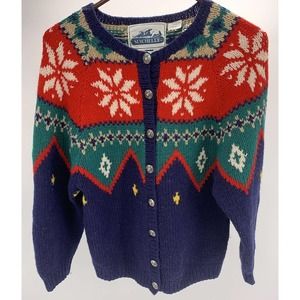 Women's Seychelle Hand Knit Button Up Cardigan Sweater Navy Blue/Green/Red Sz S